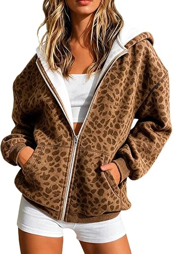 Leopard Print 豹纹拉链卫衣 女款 宽松带口袋