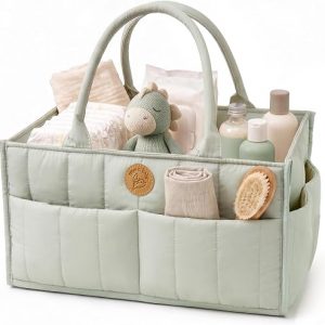 71W1xG0uAL._AC_SL500_ Baby Diaper Caddy Organizer - Portable Diaper Caddy with Handles & Removable Dividers - Large & Quilted Nursery Storage Basket - Changing Table Bag for Car - Baby Shower & Registry Gift - Sage Green