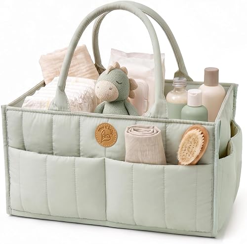 Baby Diaper Caddy Organizer - Portable Diaper Caddy with Handles & Removable Dividers - Large & Quilted Nursery Storage Basket - Changing Table Bag for Car - Baby Shower & Registry Gift - Sage Green